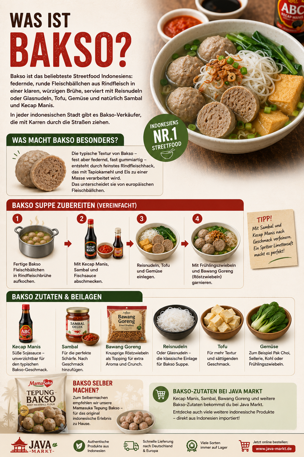 Bakso ist Indonesiens beliebte Fleischbällchen-Suppe mit würziger Brühe, Nudeln, Tofu und Sambal. Das bekannte Streetfood überzeugt mit seiner besonderen Textur und authentischen Aromen. Jetzt Bakso-Zutaten bei Java Markt online kaufen.