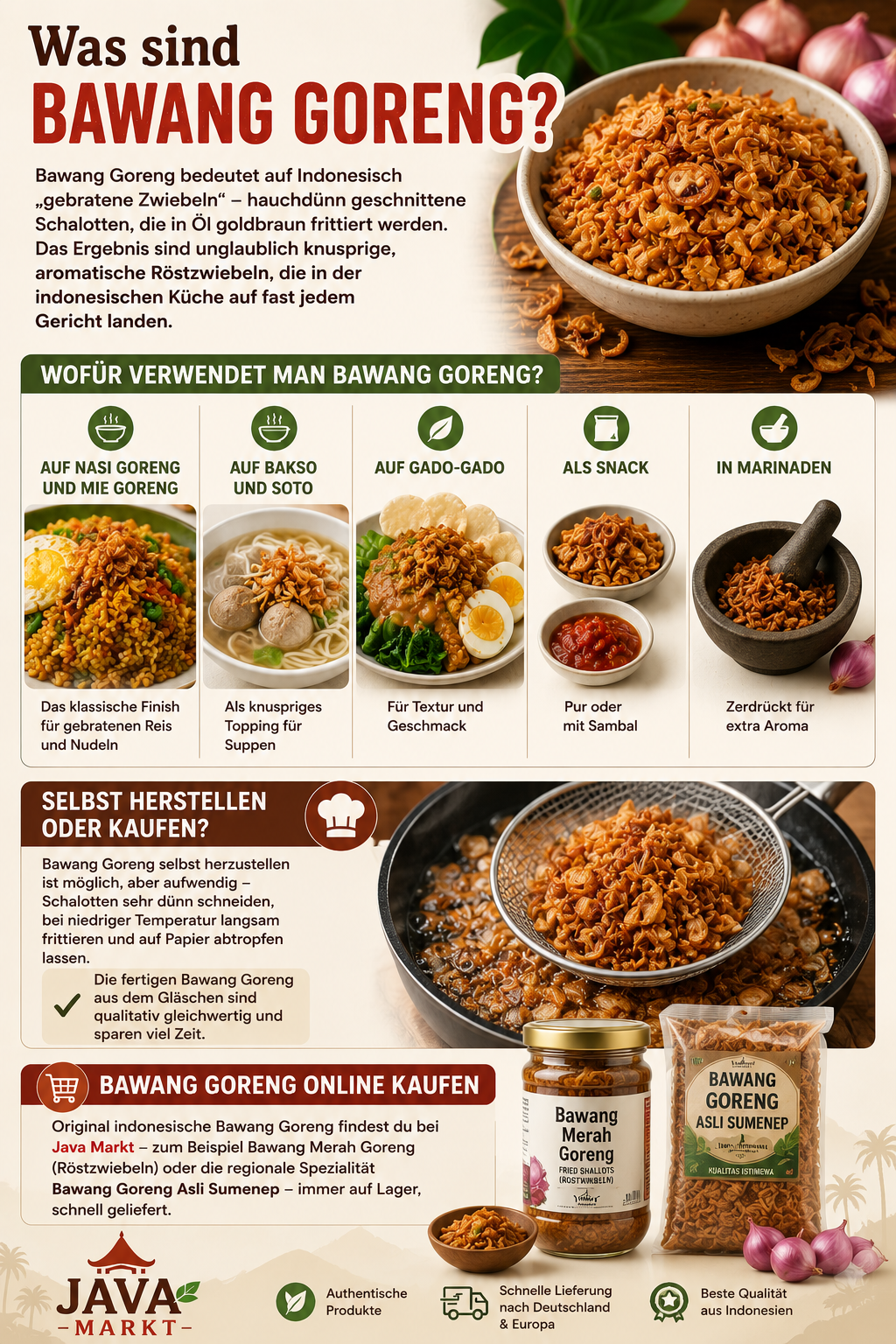 Bawang Goreng sind knusprige indonesische Röstzwiebeln aus frittierten Schalotten – perfekt als Topping für Nasi Goreng, Mie Goreng, Suppen und Gado-Gado. Jetzt originale Bawang Goreng bei Java Markt online kaufen.