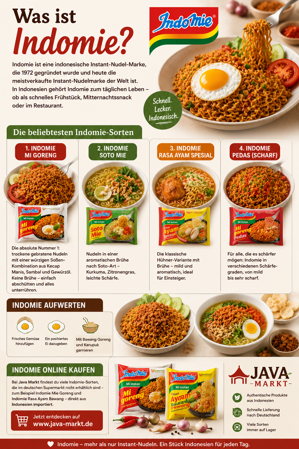 Indomie ist die bekannteste Instant-Nudelmarke Indonesiens mit beliebten Sorten wie Mi Goreng, Soto Mie und Ayam Spesial. Schnell zubereitet, würzig und weltweit beliebt. Jetzt originale Indomie-Nudeln bei Java Markt online kaufen.