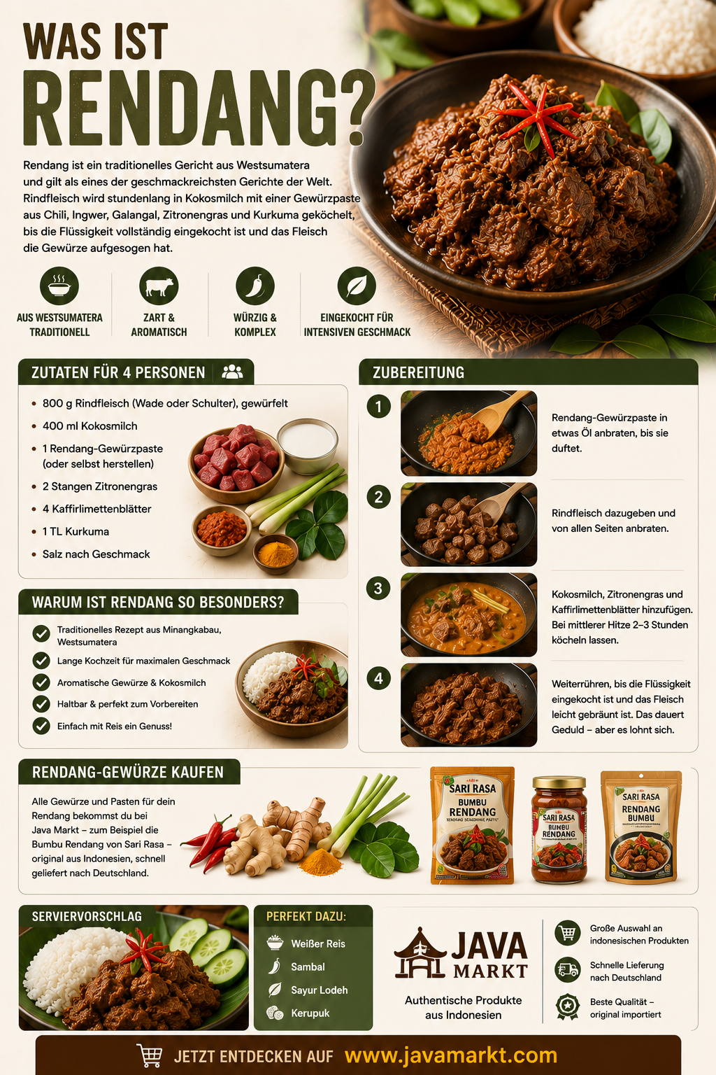 Rendang aus Indonesien mit langsam geschmortem Rindfleisch in dunkler Gewürzsoße, serviert mit Reis und traditionellen indonesischen Gewürzen wie Zitronengras und Kaffirlimettenblättern.