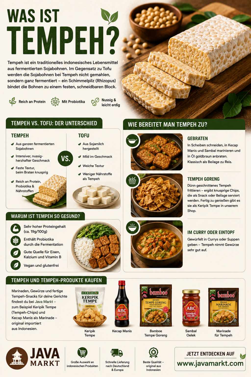 Tempeh ist ein proteinreiches indonesisches Superfood aus fermentierten Sojabohnen – ideal zum Braten, Frittieren oder für Currys. Jetzt Tempeh-Produkte bei www.javamarkt.com kaufen.