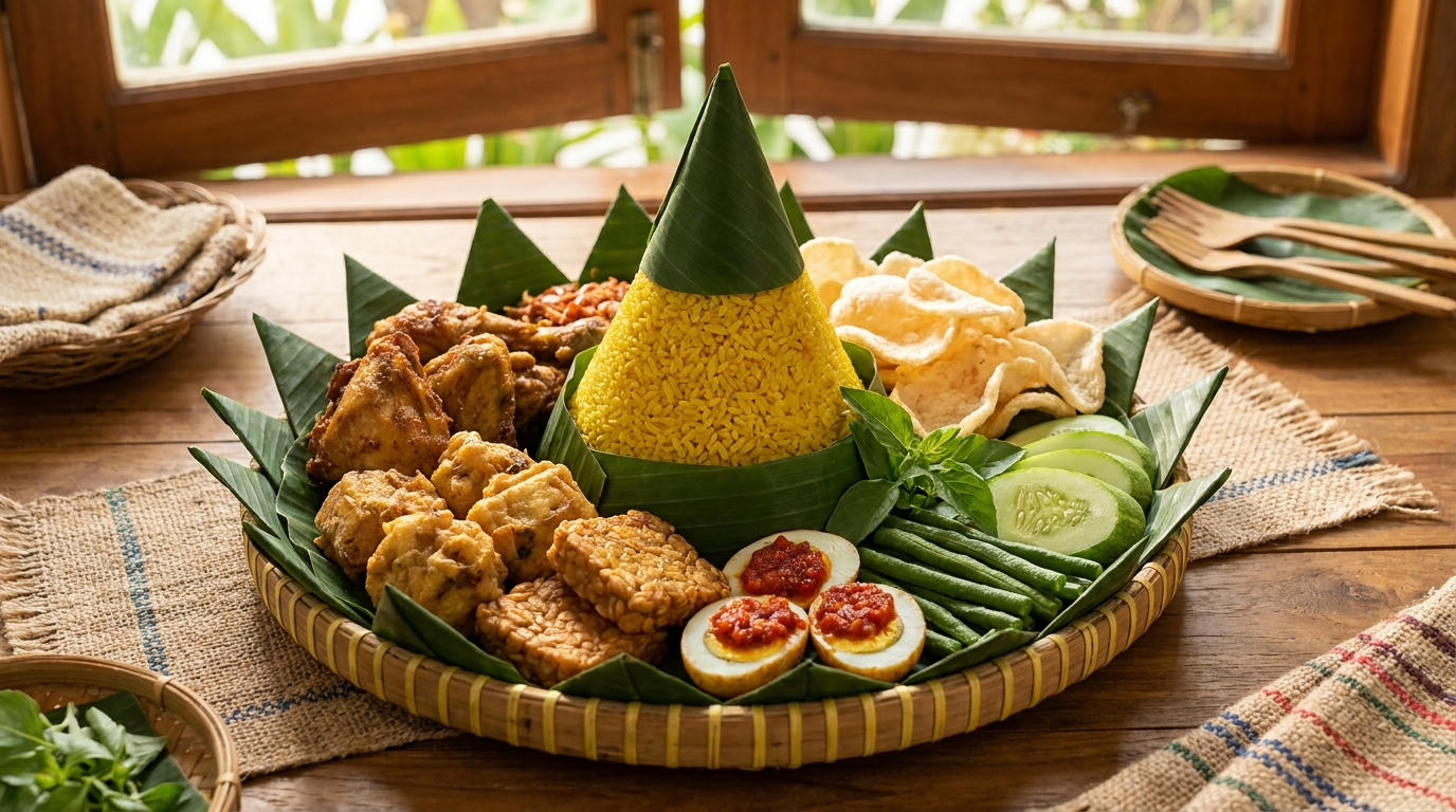 Tumpeng - festlicher indonesischer Reiskegel aus Nasi Kuning mit Beilagen