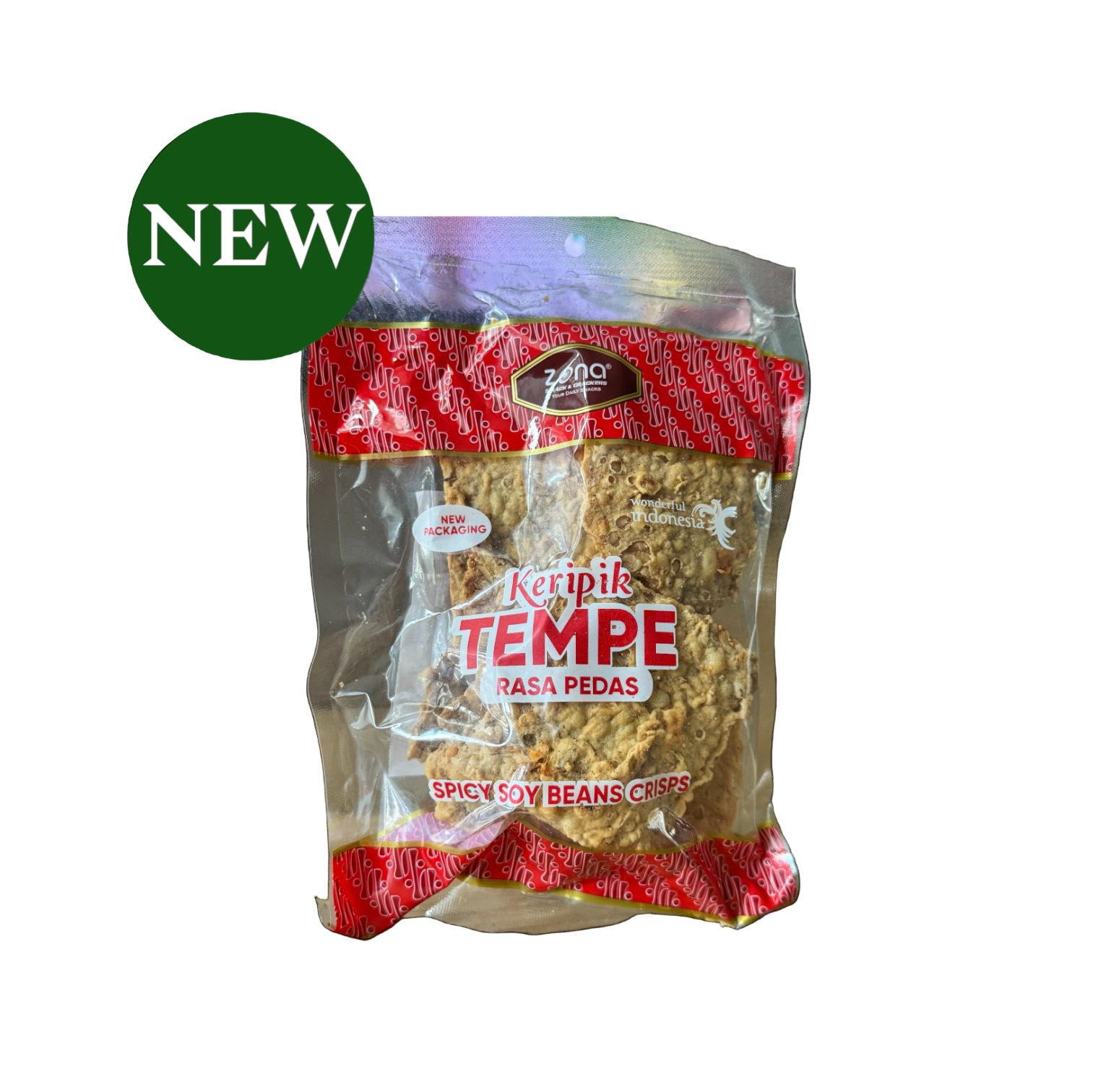 Knusprige scharfe Tempeh-Chips von Amboina B.V, mit würzigem Geschmack und knuspriger Textur, in einer offenen Verpackung.
