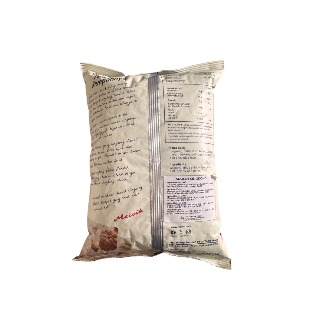 Mild Maicih Maniokchips Nesia Food, knusprige Chips mit mildem Geschmack, in Verpackung sichtbar.