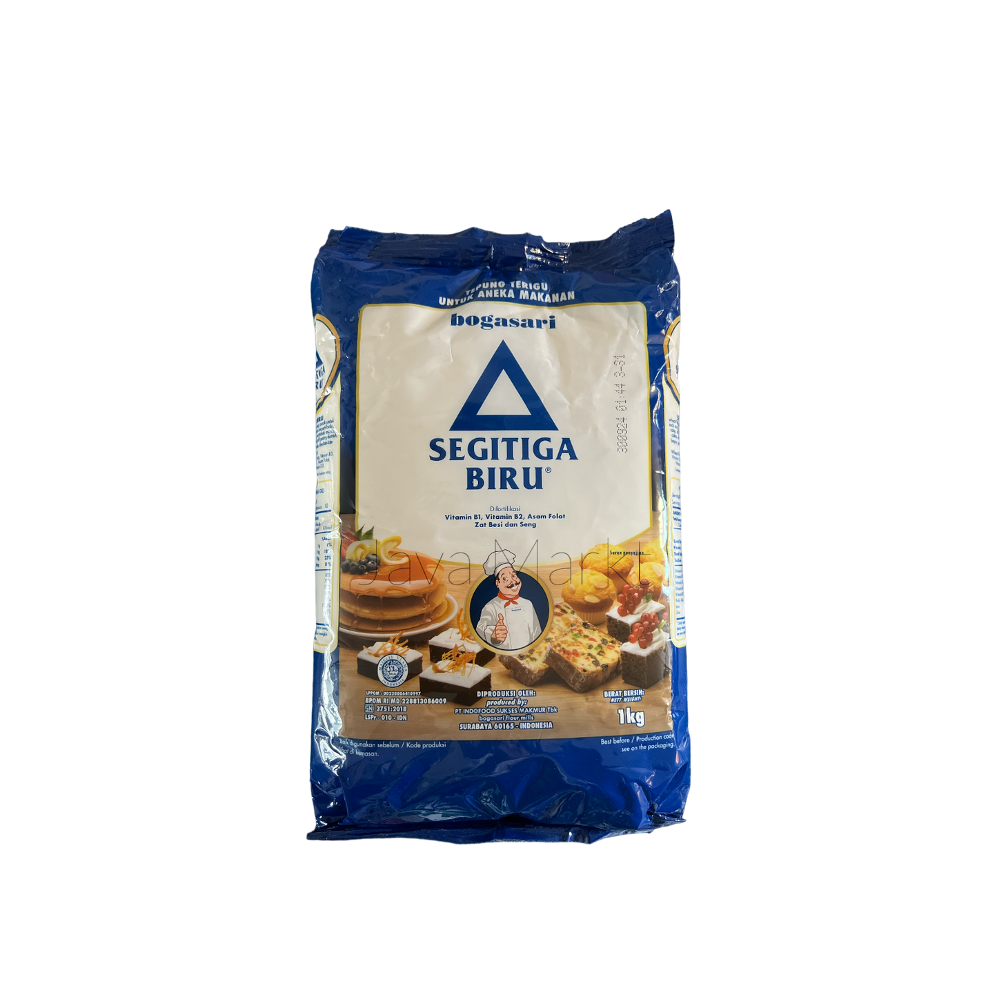 Bogasari Segitiga Biru Koch- und Backzutaten von Nesia Food, Nahaufnahme der Verpackung und Zutaten auf einem Küchentisch