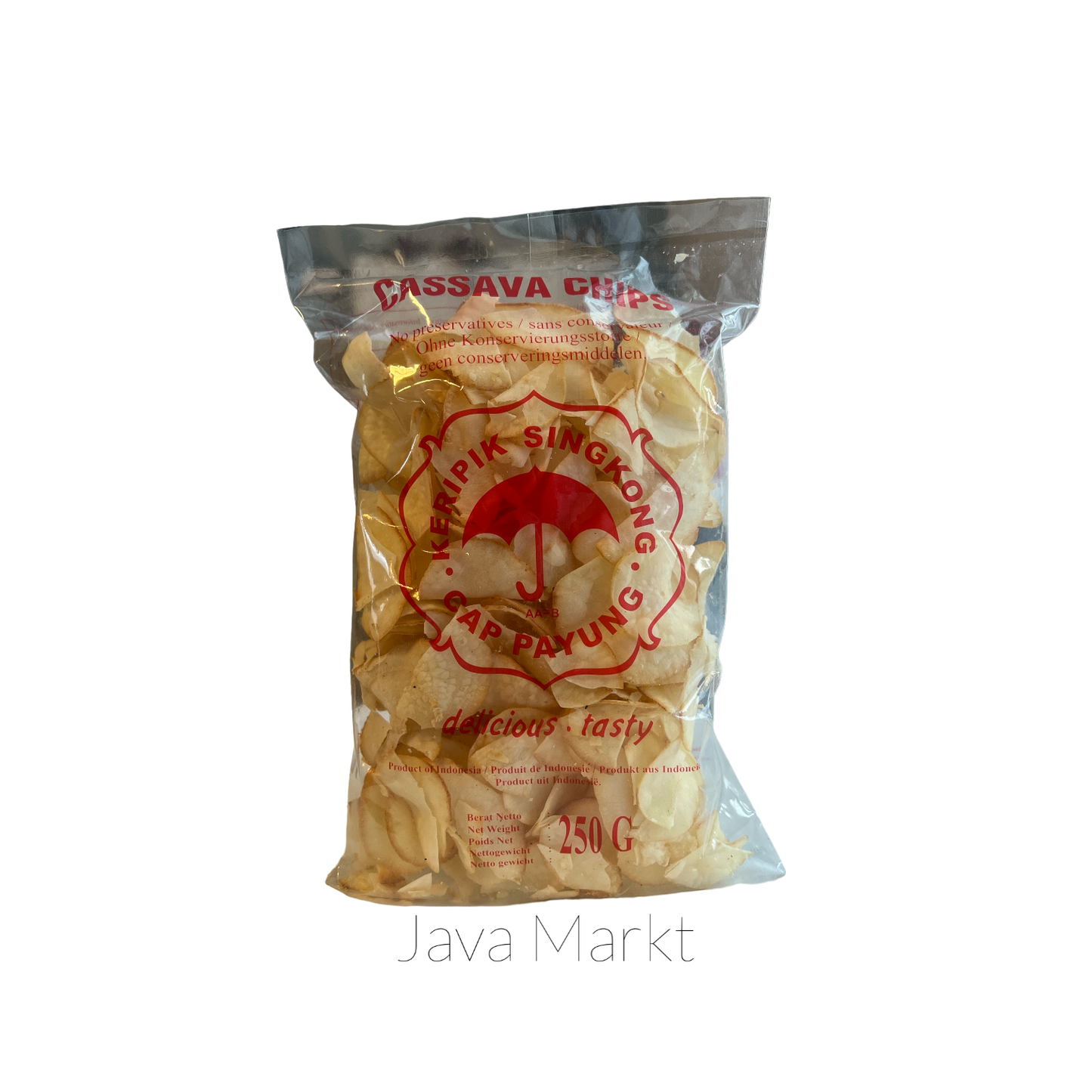 Knusprige Mirasa Keripik Singkong Original von Oriental Merchant, typische Vorspeisen und Snacks, in einer Verpackung.