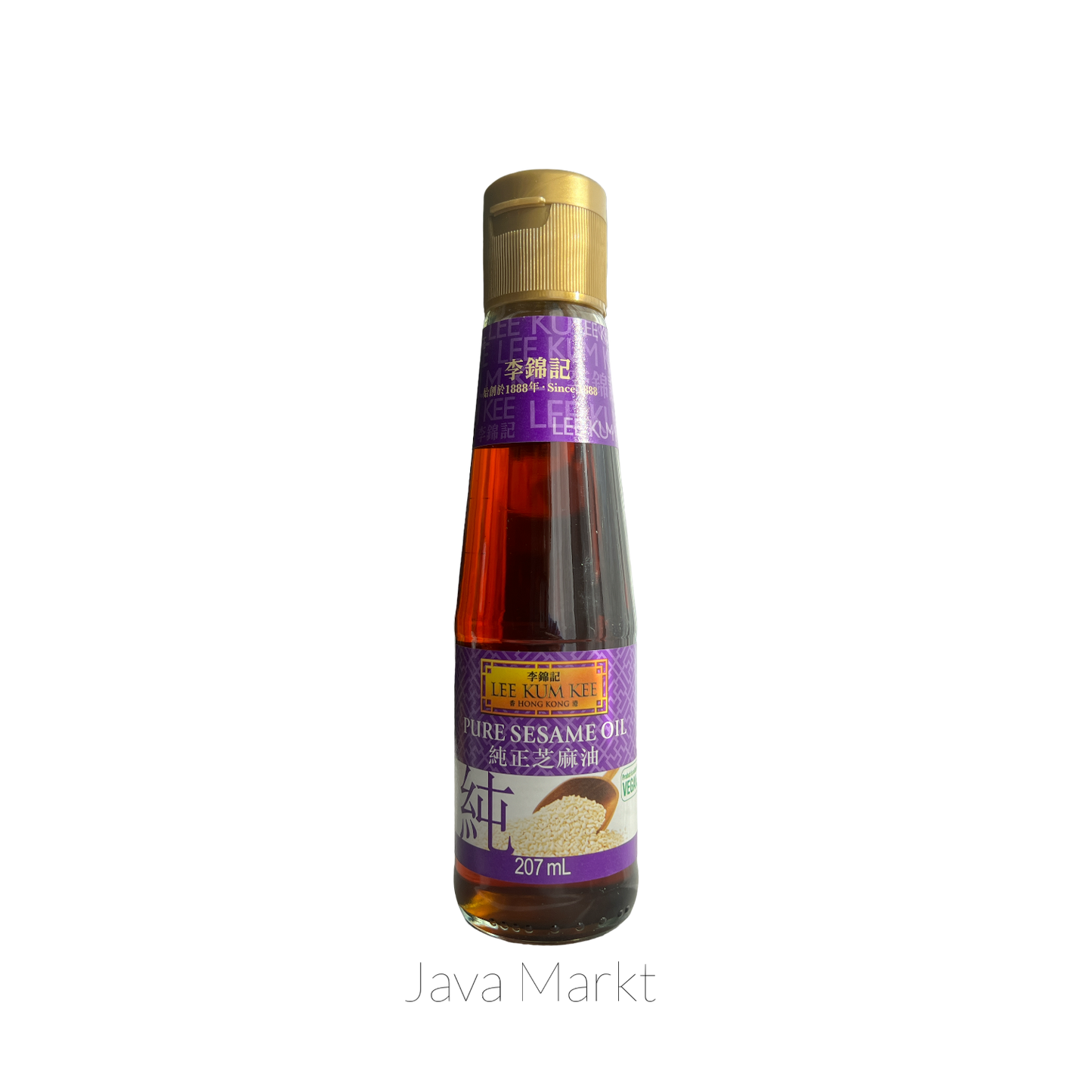 Kochzutaten: Lee Kum Kee Sesamöl in Flasche, orientalische Gewürzflasche mit goldener Beschriftung, für asiatische Gerichte
