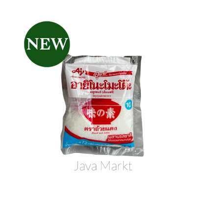 Borsten mit Glutamat (MSG) von Ajinomoto, orientalische Kochzutaten, Nahaufnahme der Verpackung und Zutaten.