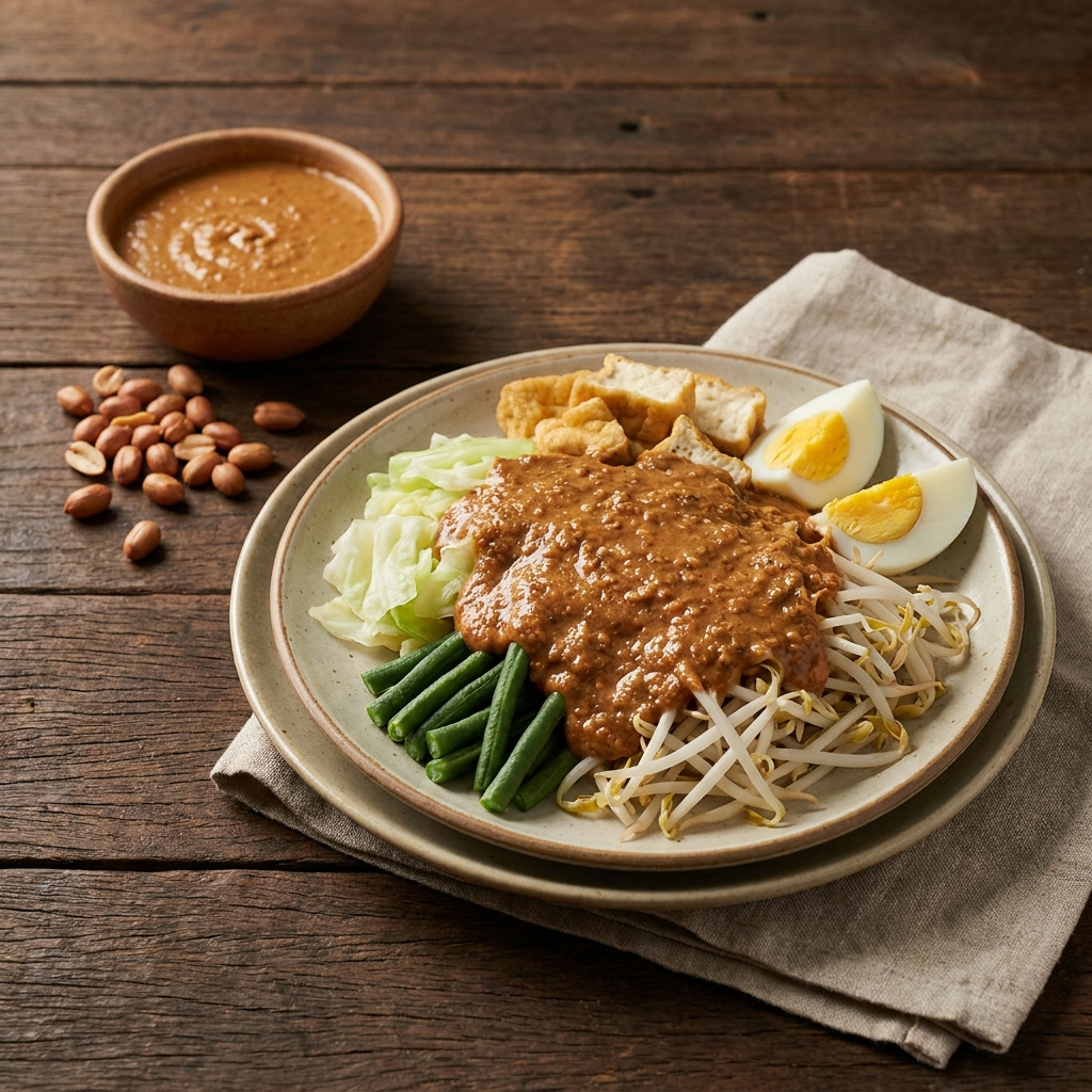 Serviervorschlag: Gemüse mit Erdnusssauce (Gado-Gado)