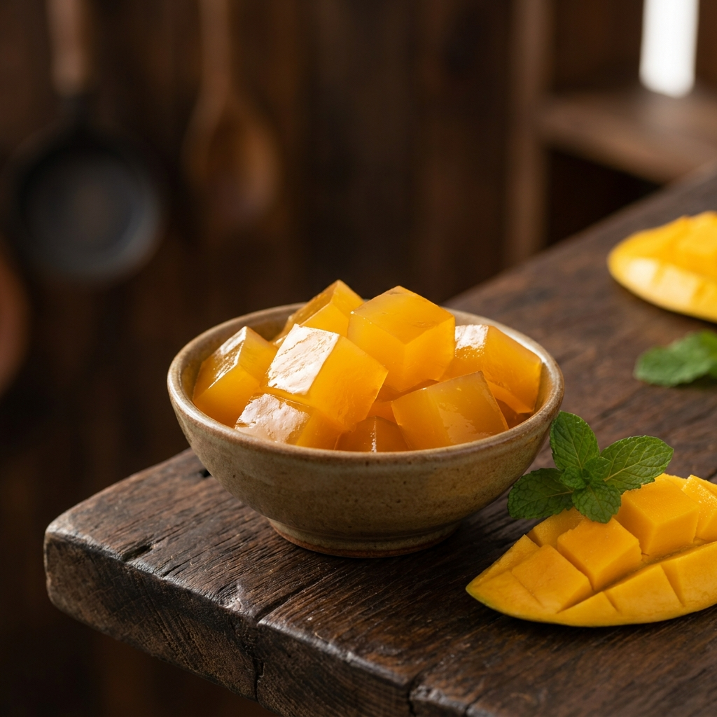Serviervorschlag: Mango-Jelly-Würfel in einer Keramikschale