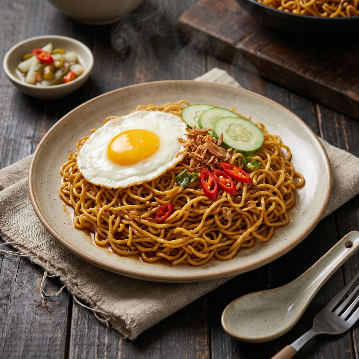 Serviervorschlag: Mie Goreng mit Spiegelei und Röstzwiebeln