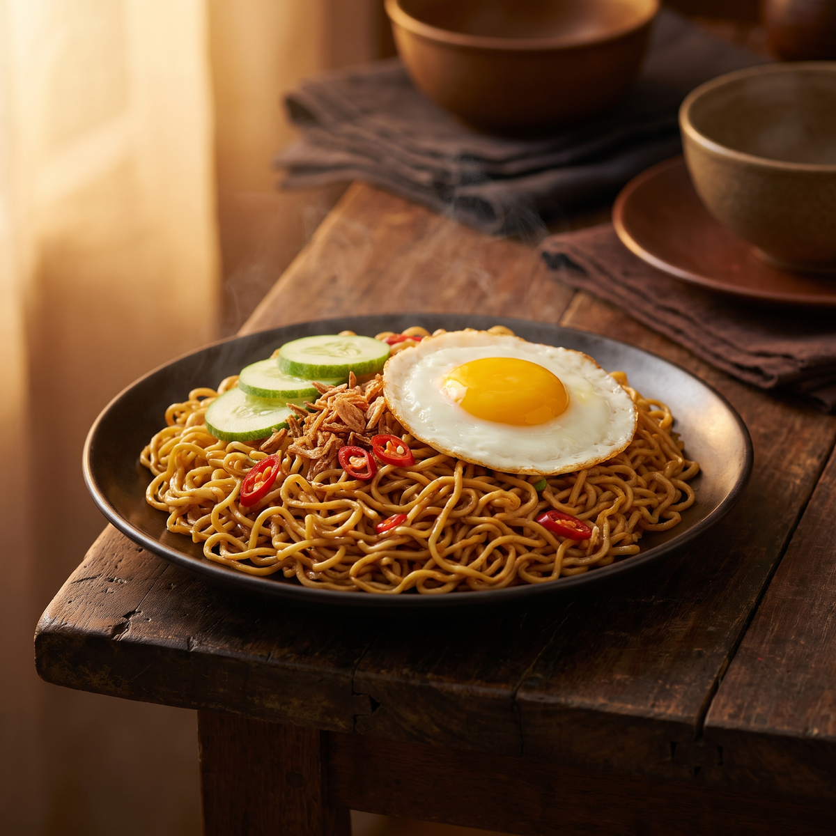 Serviervorschlag: Mie Goreng mit Spiegelei und Röstzwiebeln