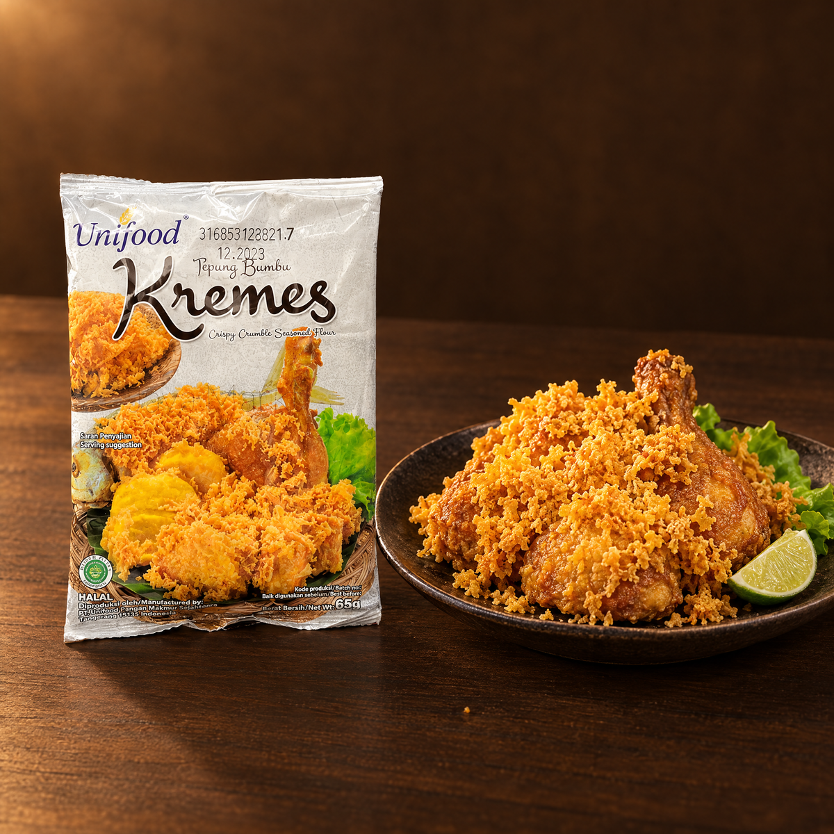 Unifood Tepung Bumbu Kremes – Packung mit knusprigem Hähnchen