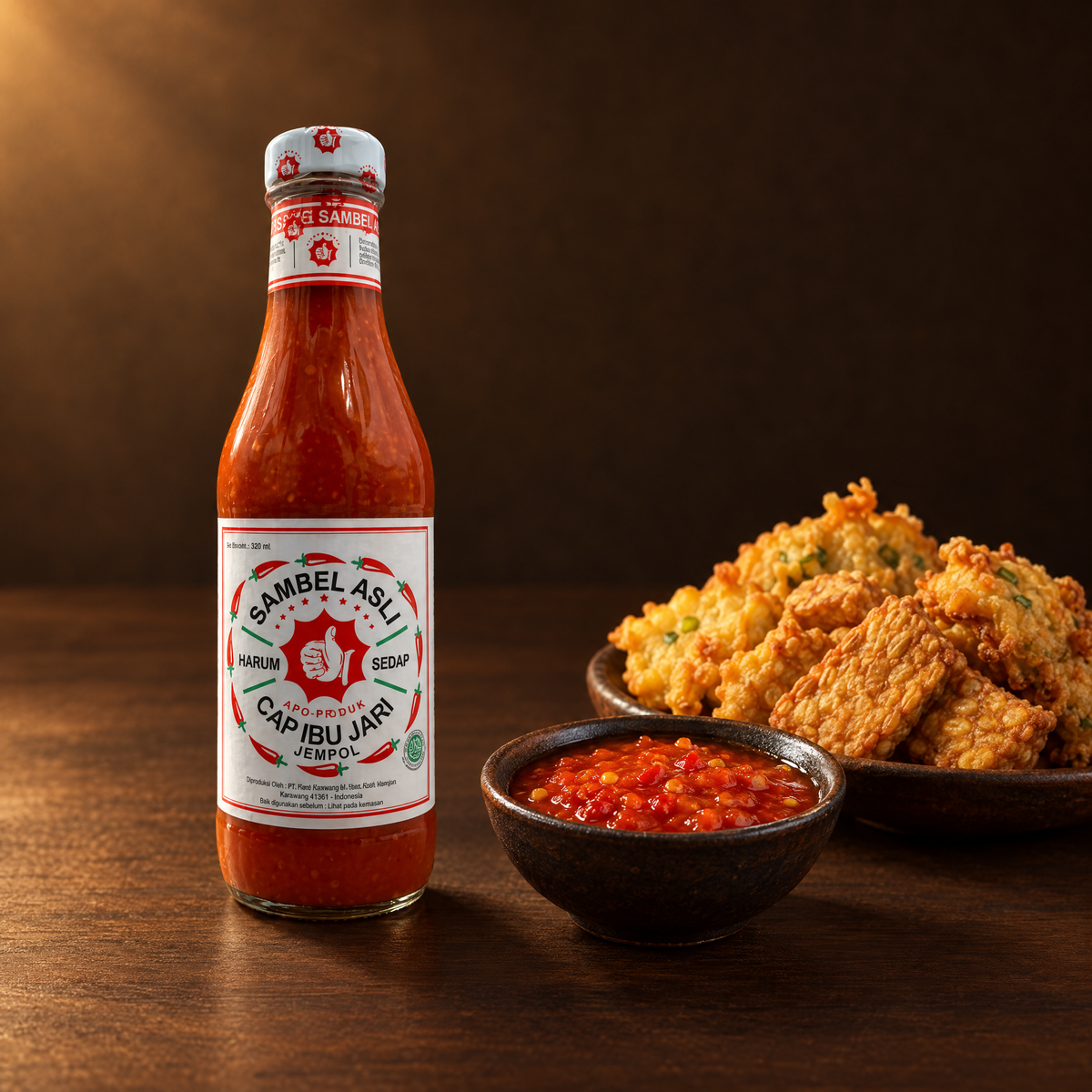 Saus Cabe Cap Ibu Jari 320ml – Flasche mit Chilisauce im Schälchen