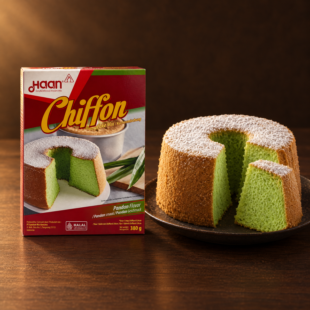 Haan Chiffon Pandan Cake Mix 380 g – Packung mit Pandan-Chiffonkuchen