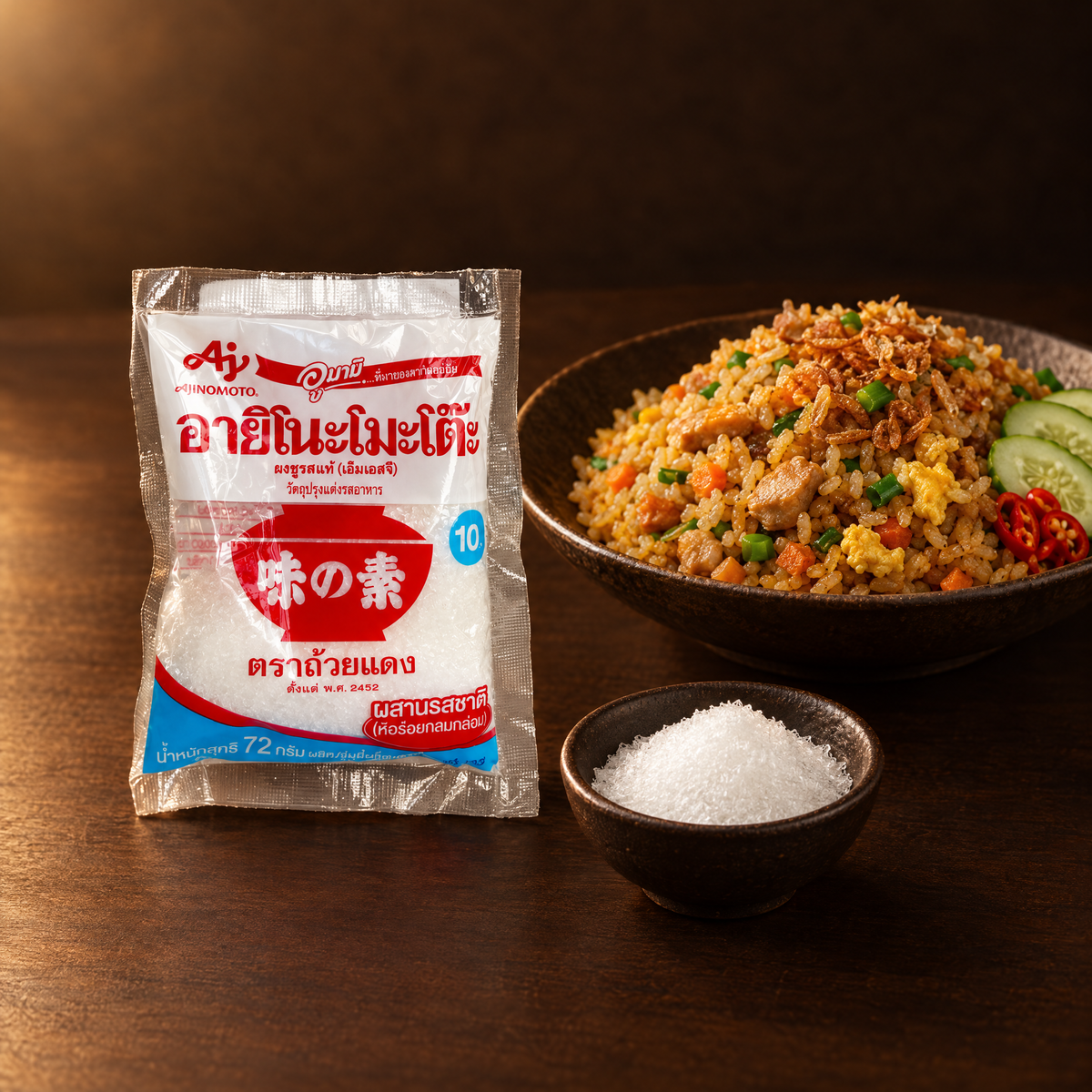 Ajinomoto MSG Glutamat 72 g – Packung mit gewürztem Gericht