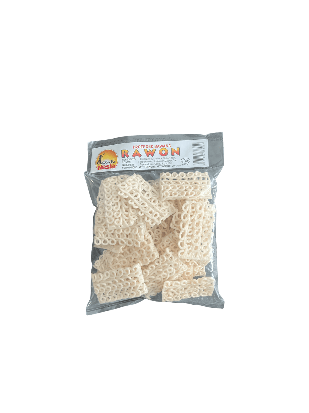 Weiße Kerupuk Rawon Chips von Nesia Food, knusprige indonesische Snacks aus weißem Teig, in einer Schüssel serviert