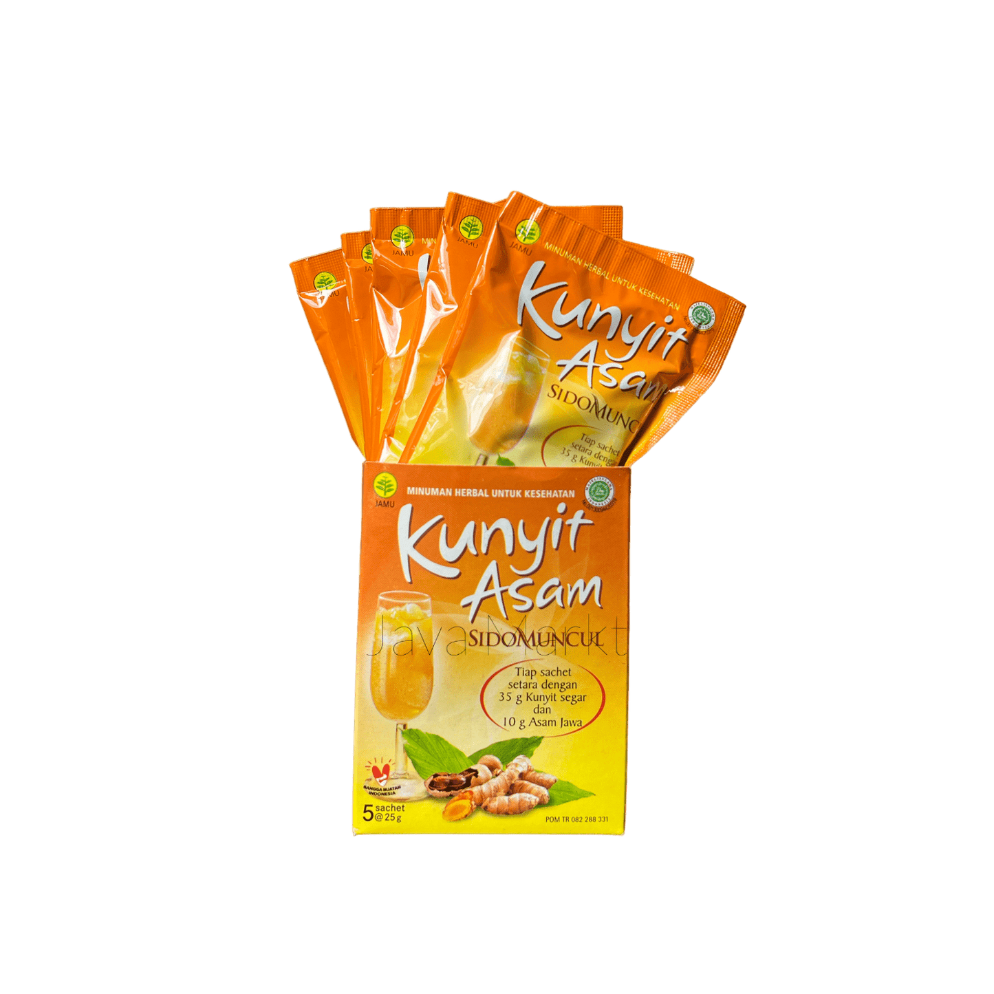 Nesia Sidomuncul Kunyit Asam Getränk in einer Flasche mit gelber Flüssigkeit und Kunjit-Asa-Label auf dem Etikett