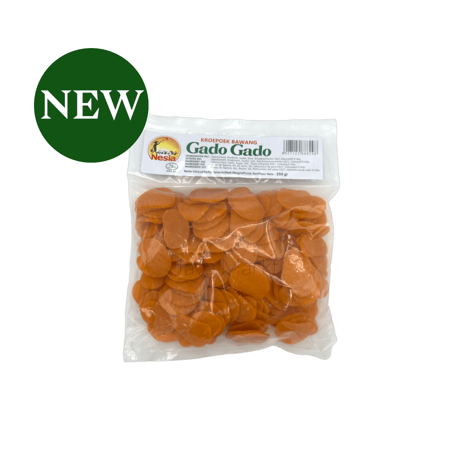 Knuspriger Kerupuk Bawang Gado Gado von Nesia Food, goldgelb und aromatisch, in einer Schüssel auf einem Holztablett.