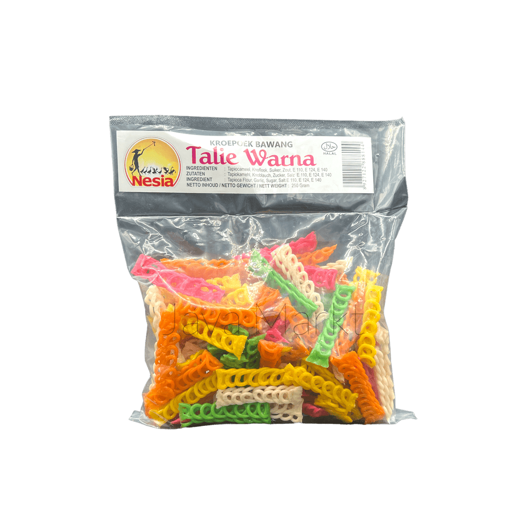 Bunter Knoblauch-Kerupuk von Nesia Food, knuspriges indonesisches Lebensmittel mit bunten Farben, perfekt als Snack.