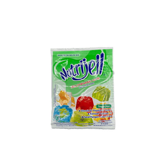 Nesia Food Nutrijell Gelee-Pulver mit Melonengeschmack, Lebensmittel, Nahaufnahme der Verpackung und Pulver in einer Schüssel