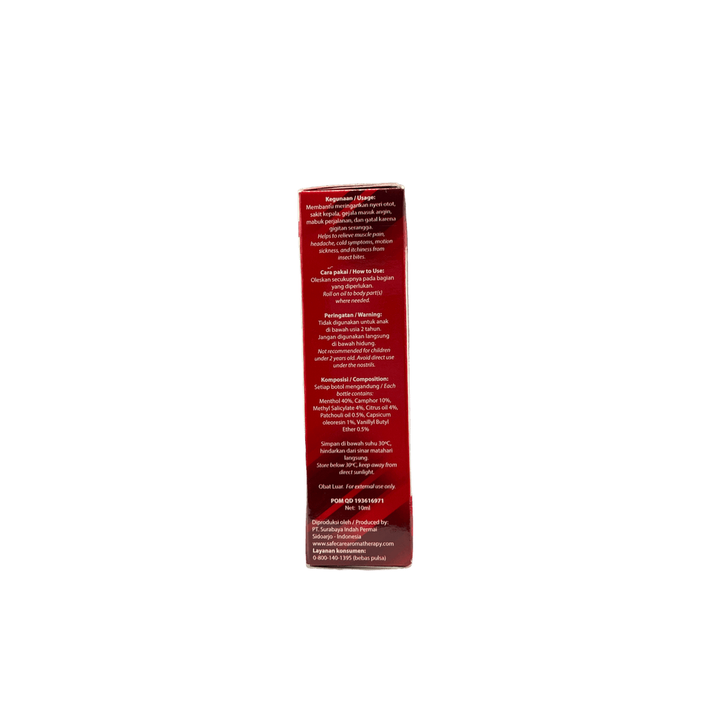 Nesia Food Safe Care Aroma Therapy Merah Massageöl in einer offenen Flasche mit ätherischen Ölen und entspannender Verpackung