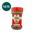 Nesia Food Sambal Bawang Lv. 3, scharfe indonesische Sambal-Sauce in einer Glasflasche, mit roten Chilischoten und Knoblauch.