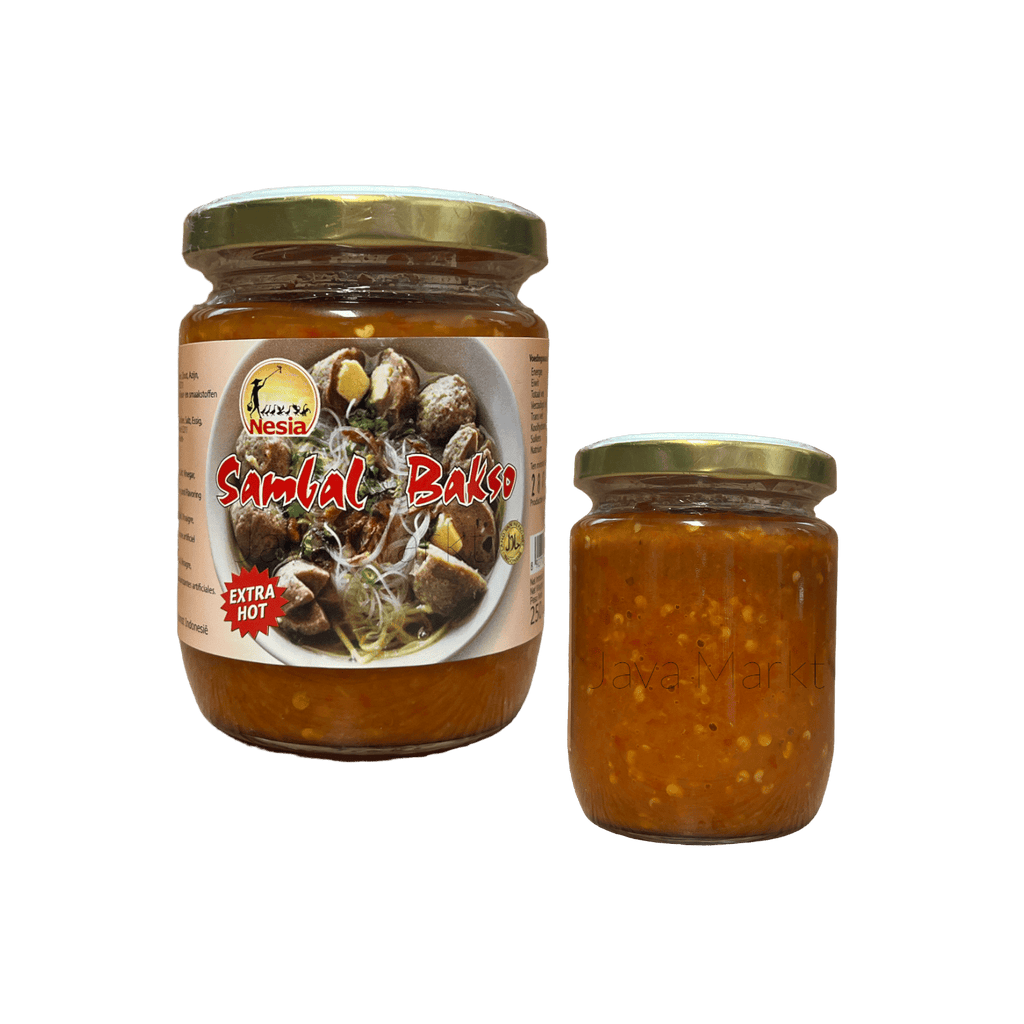 Sambal Bakso Extra Hot von Nesia Food, scharfe Chilipaste in Glas, ideal für würzige asiatische Gerichte, rotes Sambal in Glasflasche
