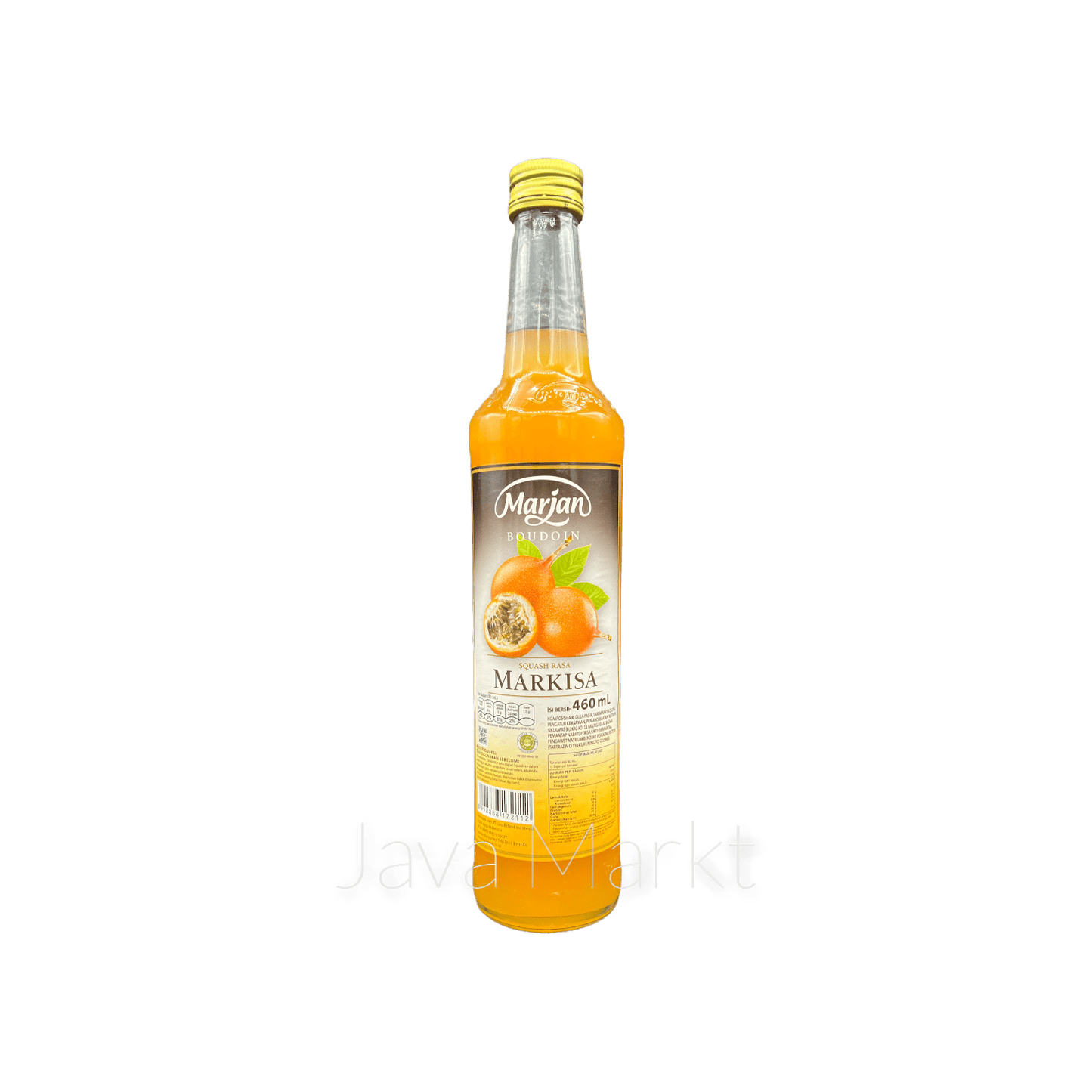 Marjan Sirup Markisa von Nesia Food in Flasche, zeigt den gelben Markisa-Fruchtsirup für Getränke und Desserts