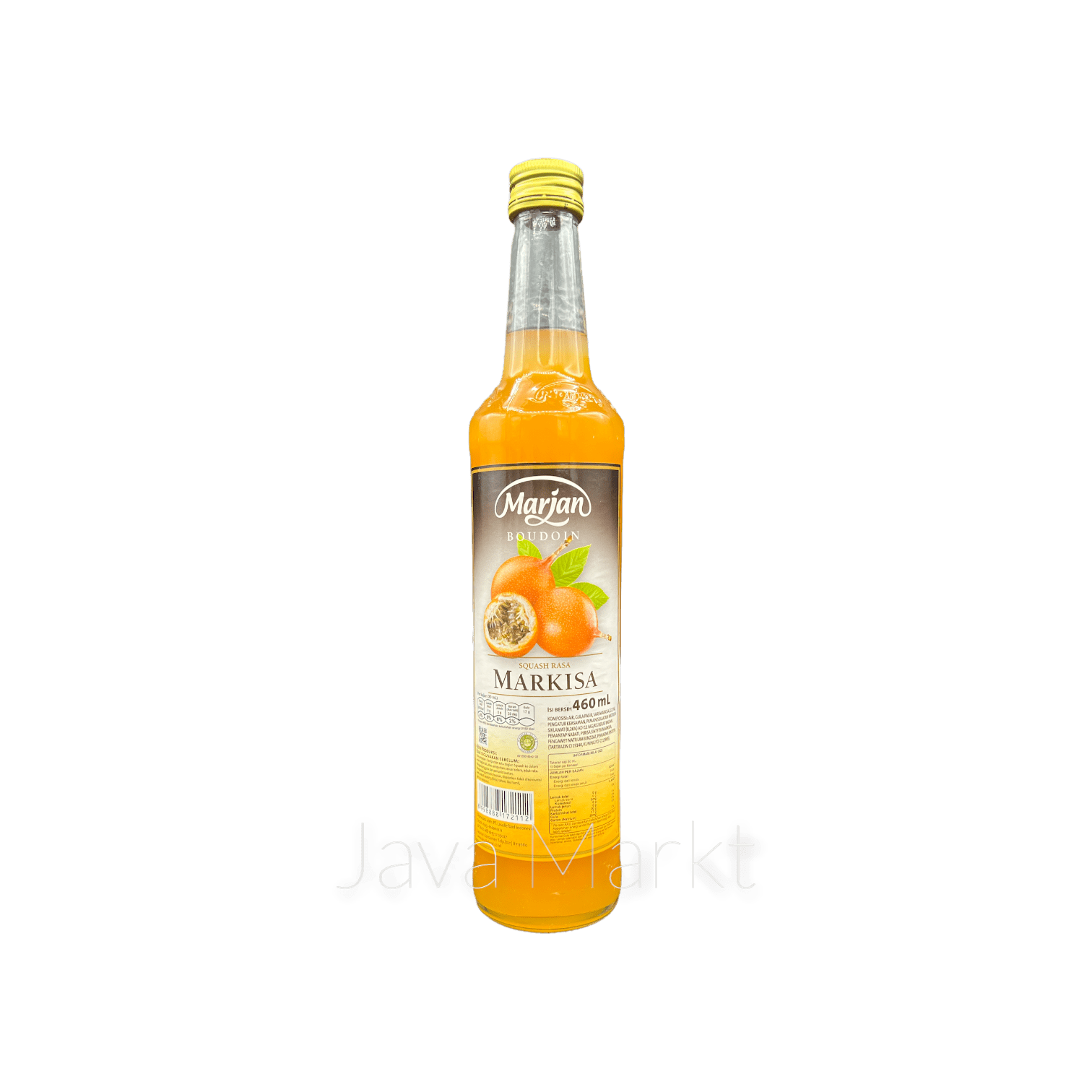 Marjan Sirup Markisa von Nesia Food in Flasche, zeigt den gelben Markisa-Fruchtsirup für Getränke und Desserts