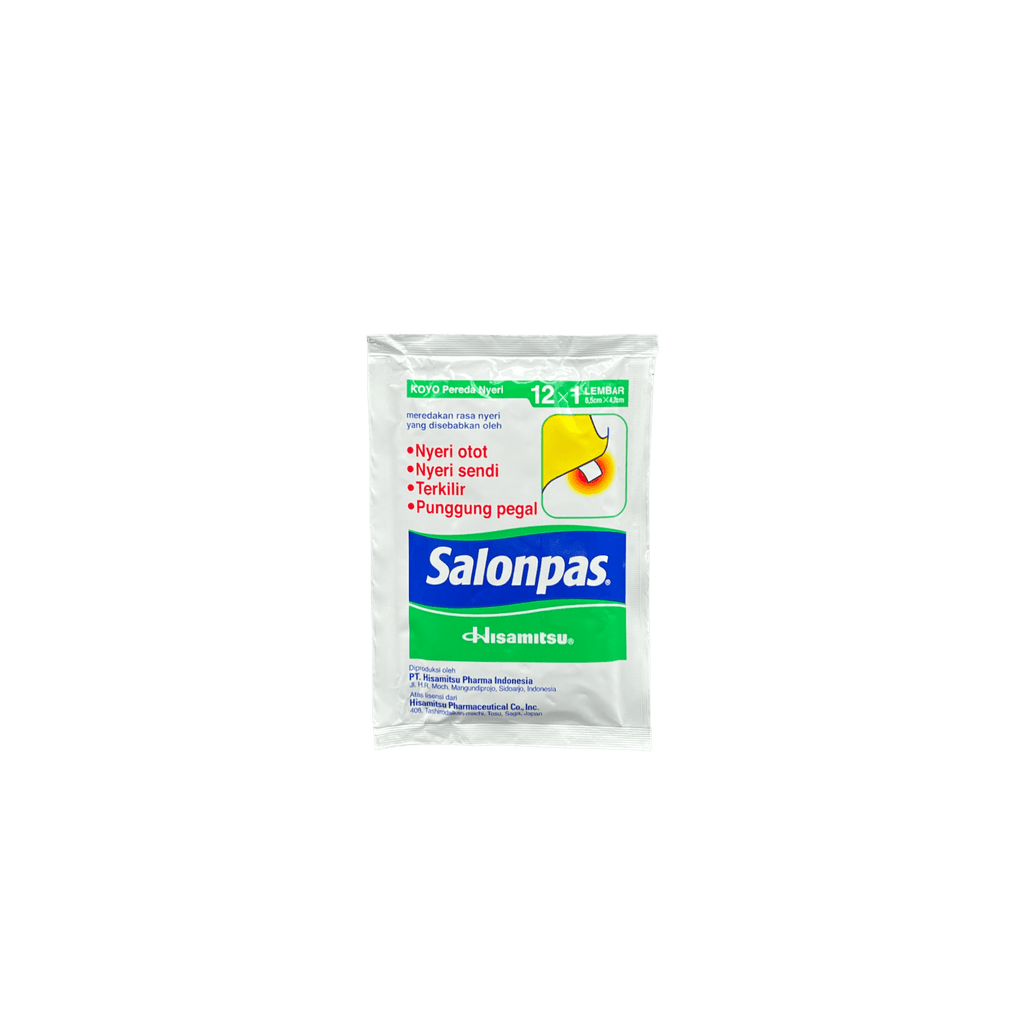 Warmpflaster von Nesia Food, Salonpas Koyo Pereda Nyeri, zur Linderung von Muskelschmerzen, auf der Haut aufgebracht.