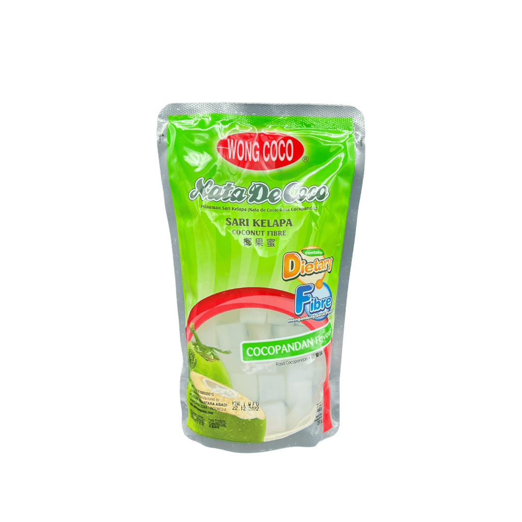 Nata de Coco Cubes mit Kokospandan-Geschmack von Vanka Kawat, helle, quadratische Kokosgelatine in der Verpackung